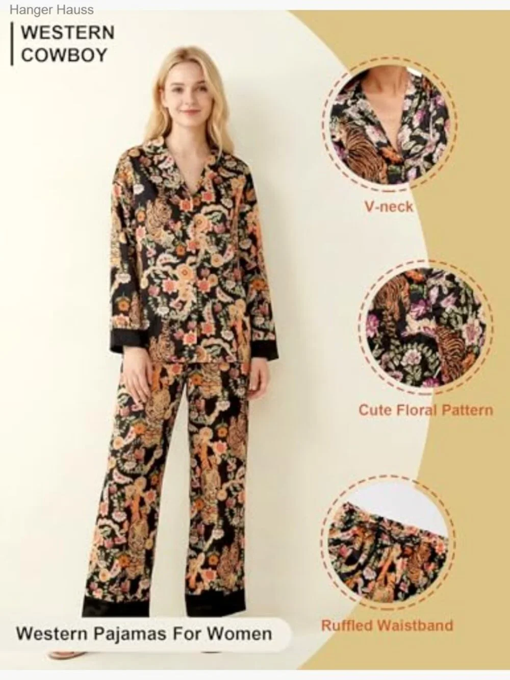 Women Satin Pajama Set 2 Piece Floral Long Sleeve Button Down Wide Leg Pants